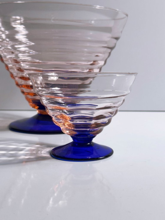 Image 1 of Art Deco Bowl Set Dessert Bowl Italy Empoli 1930s 1940s Cobalt Blue Rosalin Ice Cream Cup Glass Vintage 1980s