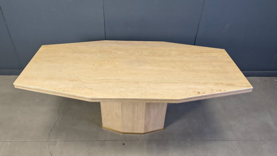 Image 1 of Table de salle à manger vintage en travertin et laiton