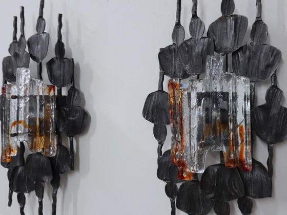 Image 1 of Ensemble de 3 appliques / lampes murales Brutalist en verre de Murano Italie 1970