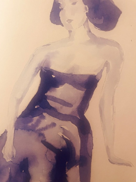 Tableau signé portrait féminin « robe de soirée bleue nuit » – Peintures et dessins, Papier (photo 4 of 10)