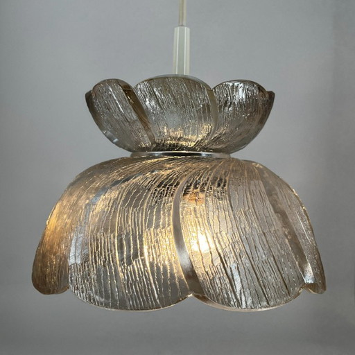 Mid-century ice glass pendant lamp in lotus design – 1970s