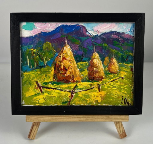 Original Oil Painting Nature Landscape Hills Mowed Hay in the Field