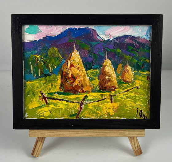 Image 1 of Original Oil Painting Nature Landscape Hills Mowed Hay in the Field