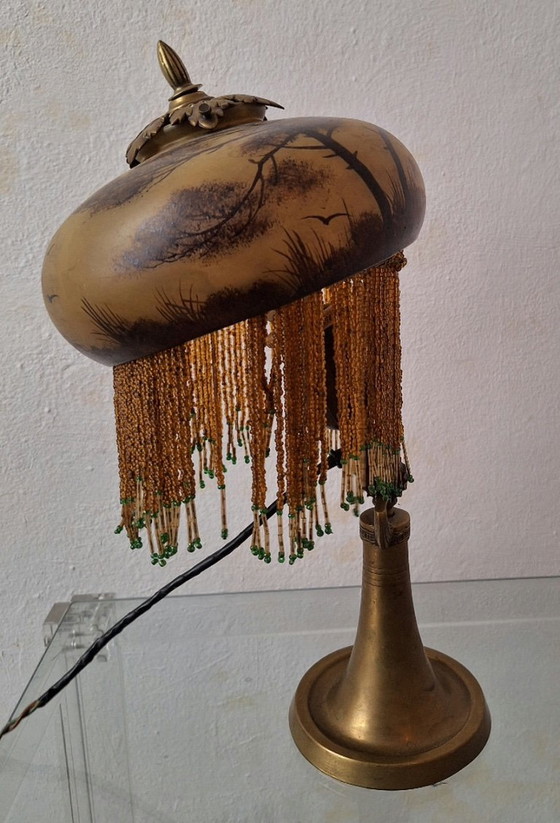 Image 1 of Antique Signed Reverse Painted Bronze Table Lamp, 1910-20