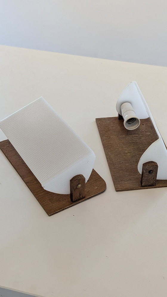 Image 1 of Pair of teak and plexiglass bedside wall lamps - Sweden 1970's