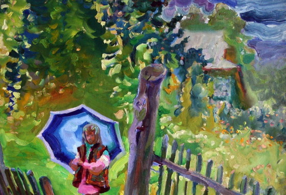 Peinture à l'huile originale Paysage rural Fille Pluie d'été – Peintures et dessins, Canvas (photo 3 of 5)