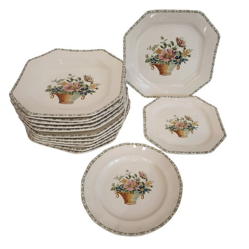 36-piece dinnerware set “Floral Basket”, La Cartuja de Sevilla, Pickman porcelain, Art Deco, 1930s – Spain