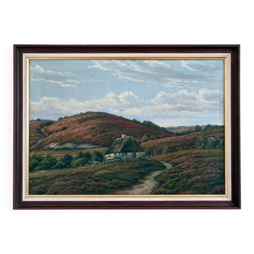 Peinture à l'huile originale ancienne représentant un paysage de campagne, signée.
