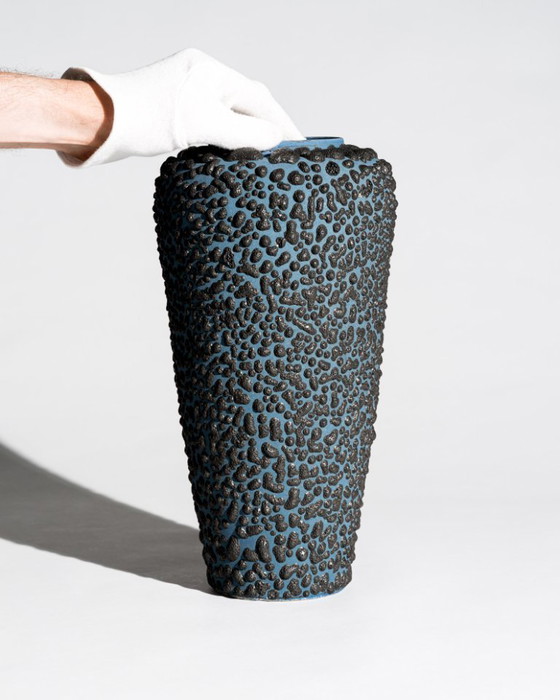 Image 1 of Large Albert Kiessling Textural Lava Relief Studio Ceramic Vase Blue and Black