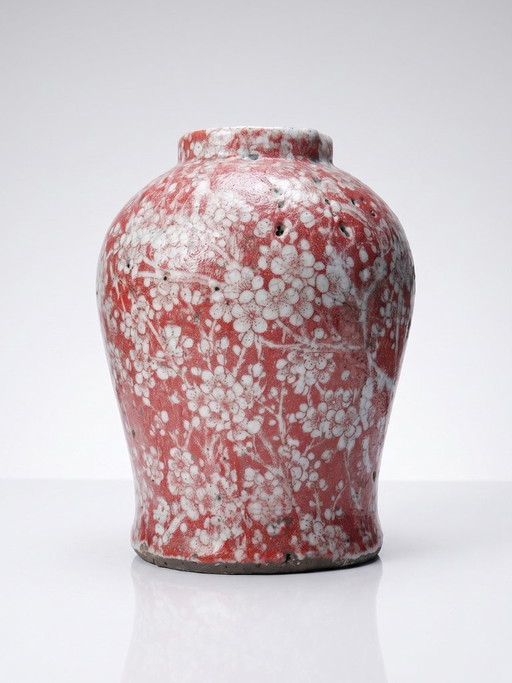 Vintage 1980s-1990s glazed raku ceramic vase with sakura decoration