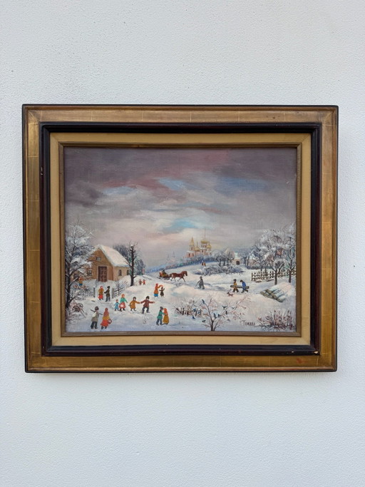 Oud schilderij sneeuwlandschap