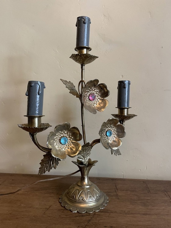 Image 1 of Frivole Schemerlamp Tafellamp Met Bloemen En Kralen Messing Frans