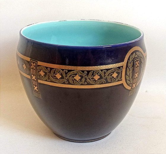 Image 1 of Cache-pot Sarreguemines Bleu Colbat Fin 19e Largeur 24,5 cm
