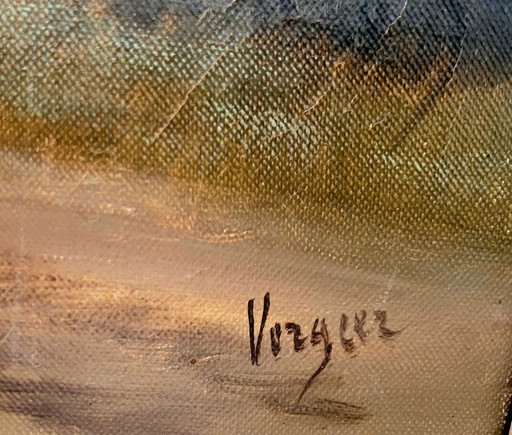 Large oil painting by Jo Vergeer Holland, (1894-1969) landscape view with mill signed