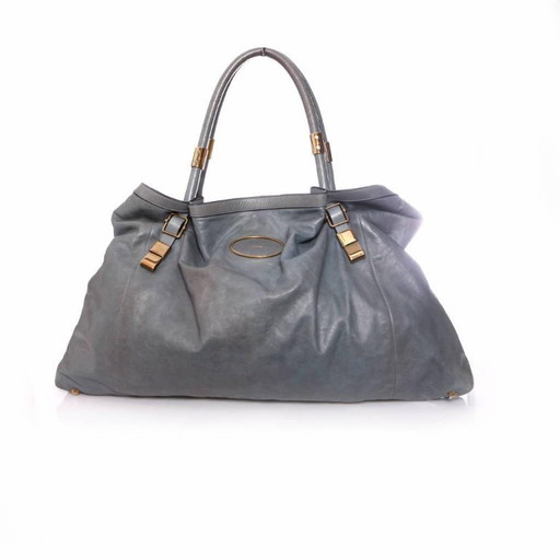 Chloe, borsa shopper in pelle blu/grigia con dettagli dorati.