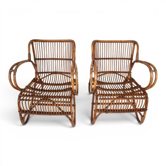 Image 1 of Frans paar vintage loungestoelen van rotan en bamboe, 1960