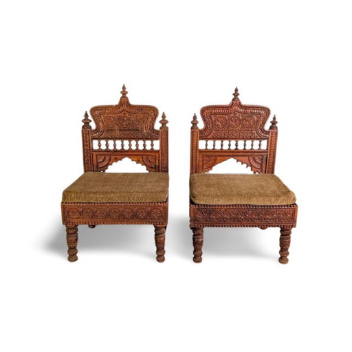 Ensemble de 2 fauteuils de salon indiens, fauteuils Art déco sculptés à la main
