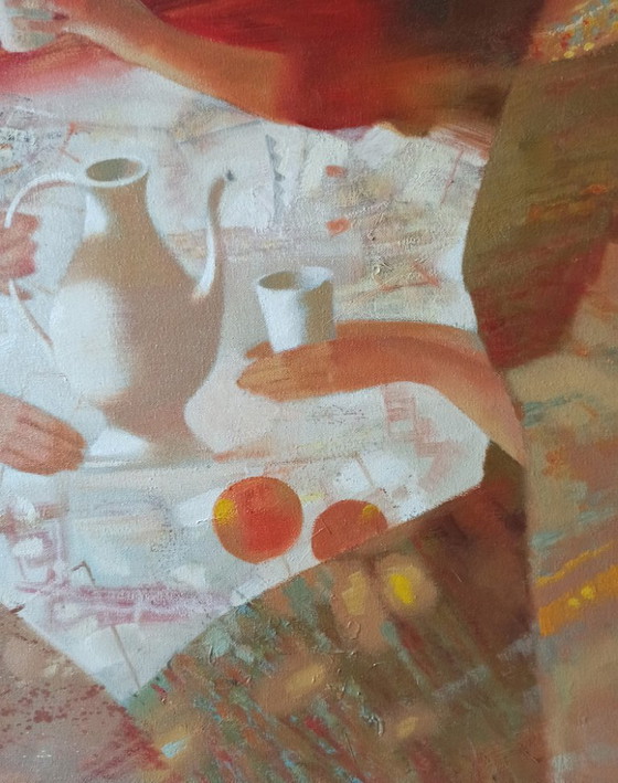 Dipinto ad olio originale, astratto figurativo, donne che prendono il tè – Dipinti e disegni, Canvas (photo 10 of 11)