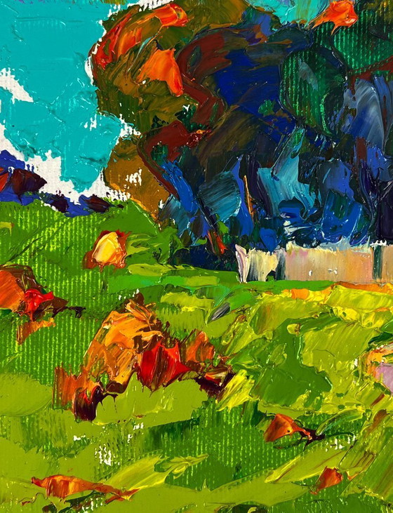 Image 1 of Peinture à l'huile originale, paysage rural, prairie, village, parc en forêt
