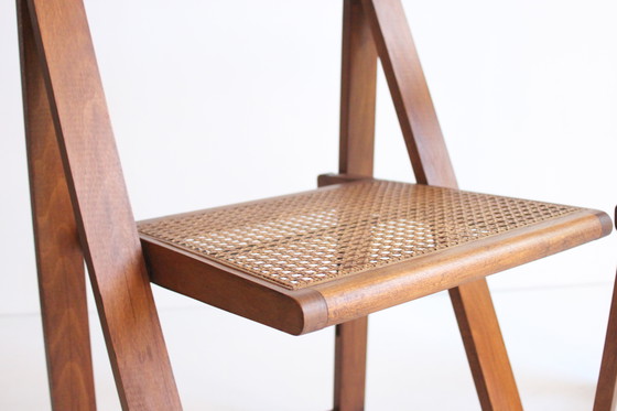Image 1 of Sedie pieghevoli in legno con seduta in rattan, set di due anni &#39;70