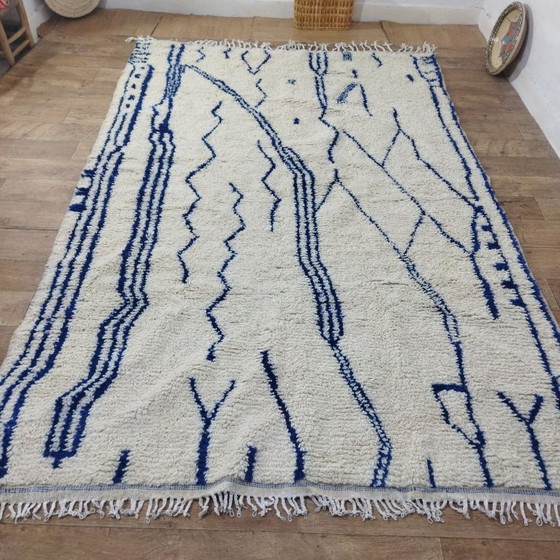 Image 1 of Large Handmade Berber Rug | Moroccan Cream Wool Rug with Blue Patterns