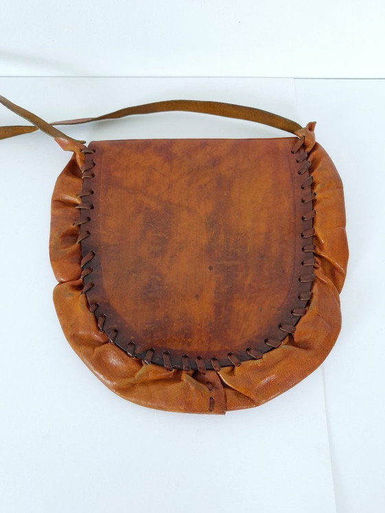 Image 1 of Vintage handtas van bruin leer met reliëf: handgemaakte boho schoudertas