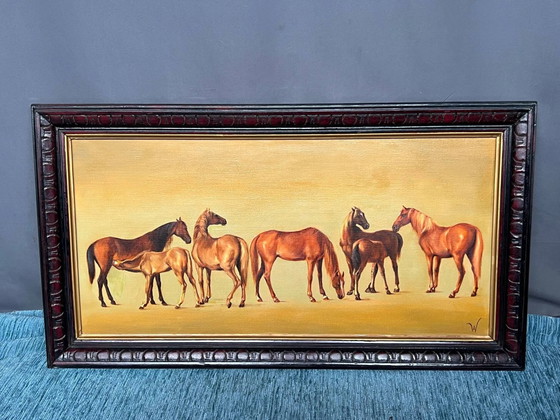 Schilderij "Merries met veulens". – Schilderijen & Tekeningen, Canvas, Vintage (photo 3 of 8)
