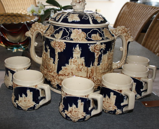 🍷 Set de bowling antique en céramique avec motif Pfalz - rareté & décoration - 6 gobelets inclus