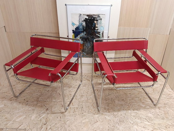 Image 1 of KNOLL Studio Set van 2 WASSILY B3 fauteuils (NIEUW) in rood leer