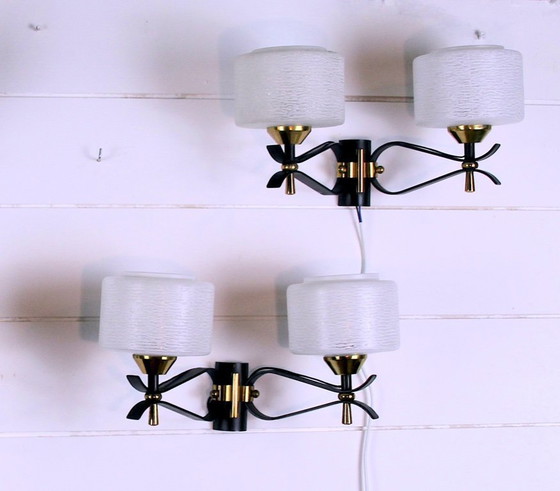Image 1 of Pair of double wall sconces, Maison Arlus, Mid-Century, black brass opaline glass, France, 1950s