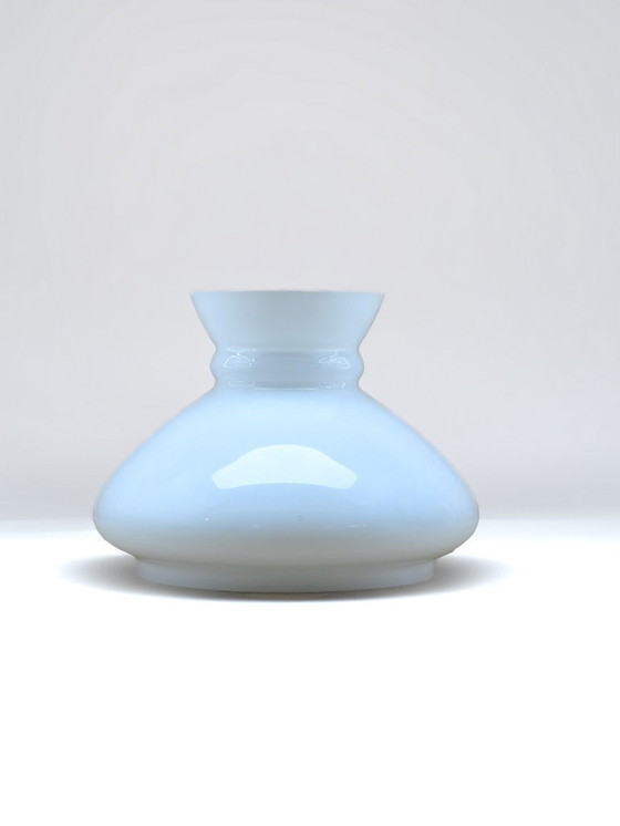 Image 1 of Art Nouveau Oil Lamp Iridescent Green and Opaline Shade