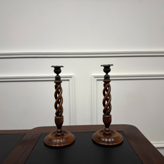 Antique English Barley Twist Candle holders – Wood, Brass (photo 5 of 5)