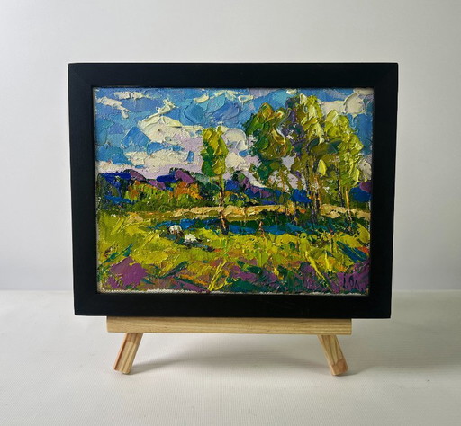 Original Oil Painting Colorful Nature Landscape Echoes of spring and water’s glimmer