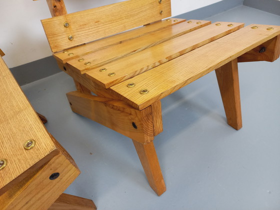 Image 1 of Pair of Vintage 60's Wooden Brutalist Slatted Chauffeured Armchairs