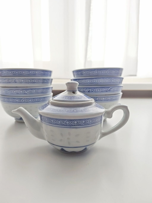 Bols traditionnels Jingdezhen grain de riz peints à la main vintage incluant mini théière