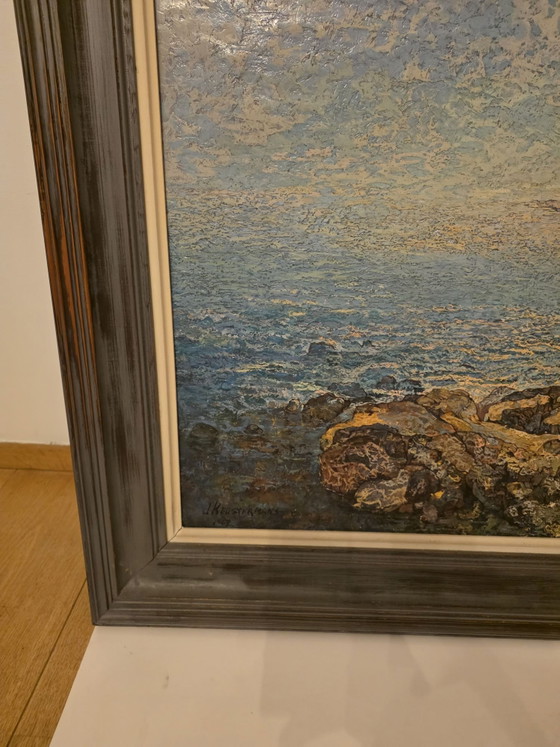 Paesaggio costiero mediterraneo suggestivo, J. Keustermans (1967), Arte, Legno, Tela, Blu (foto 8 di 15)