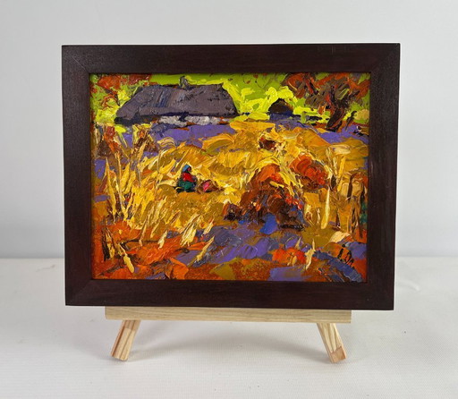 Original Oil Painting Evening House Landscape After the harvest - peace