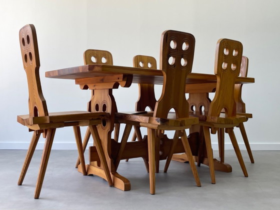 Vintage Brutalistische Eethoek – Tiroler Stijl (6 stoelen) – Eetkamerset, Wood (photo 17 of 18)