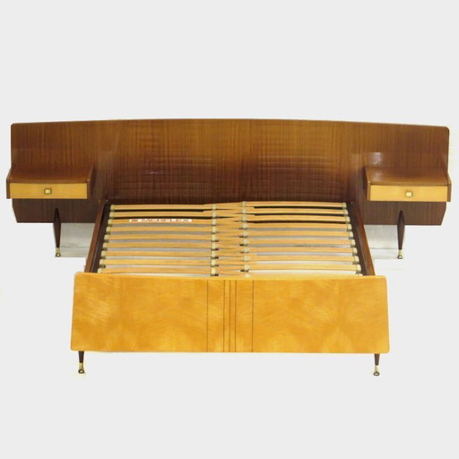 Vintage bed with nightstands in teak and maple, 1960s