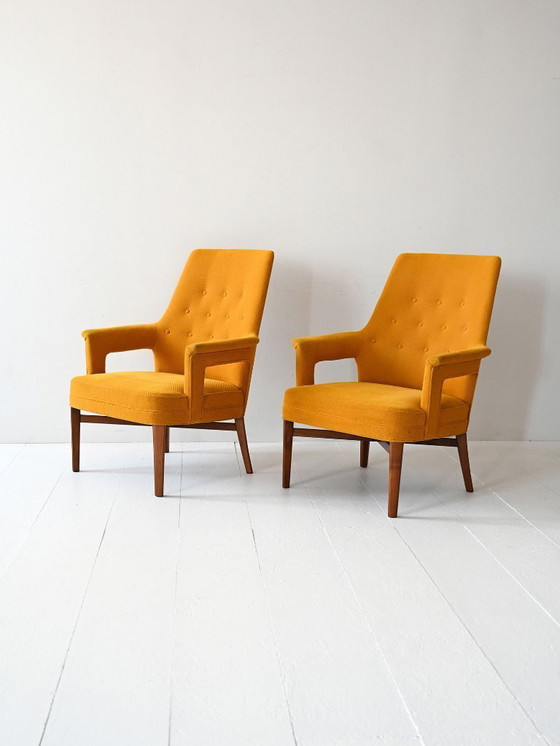Image 1 of Pair of Vintage 1950s Yellow Scandinavian Armchairs