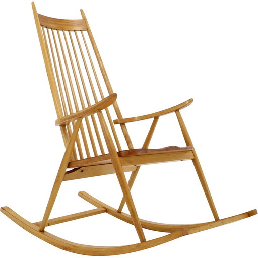 Sedia a dondolo in legno d'epoca, Cecoslovacchia 1960