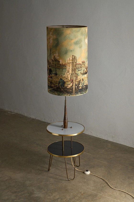 Lampadaire de table Hairpin en laiton avec abat-jour vénitien, Bois, Textile, Noir, Mid Century Modern (photo 12 sur 12)