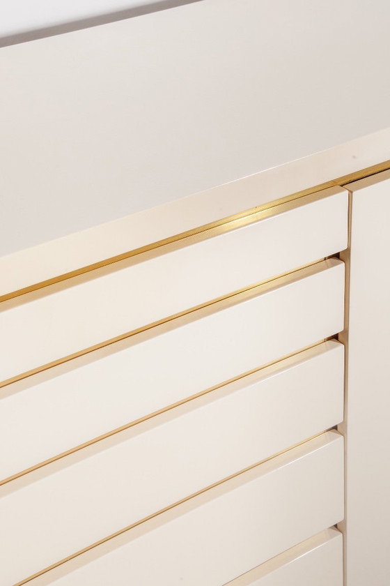 Image 1 of White Lacquer and Brass Sideboard by Jean Claude Mahey, 1980s