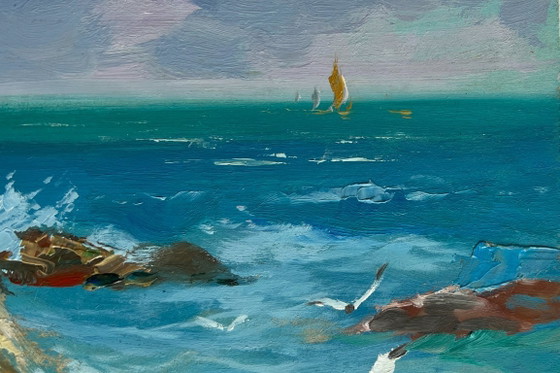 Image 1 of Original Oil Painting Sea Rock Landscape Sailboats on the sea horizon
