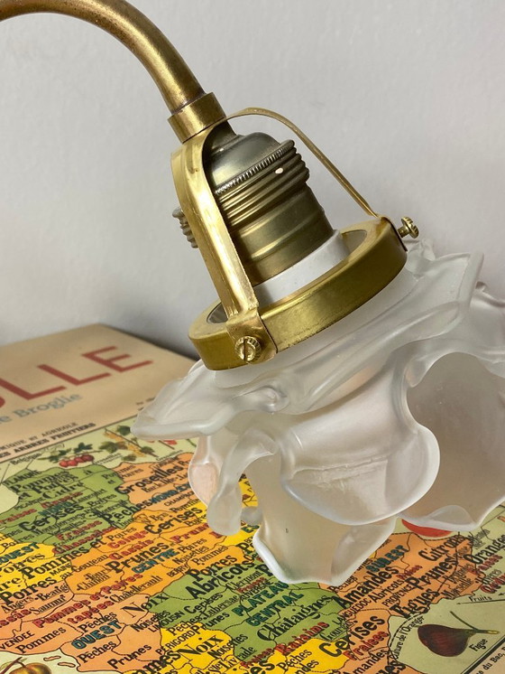 Image 1 of Aplique de pared de cuello de cisne de latón con tulipa de pétalos de rosa de pasta de vidrio