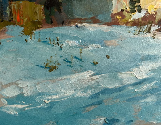 Image 1 of Origineel olieverfschilderij: Winterhuislandschap, prachtige winterochtend