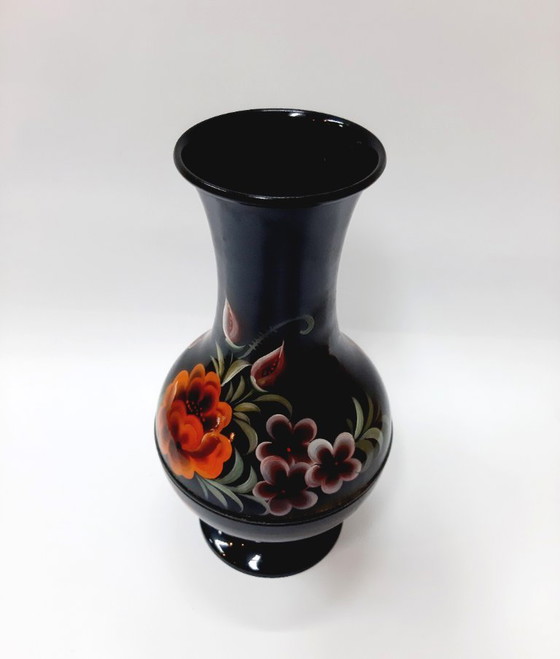 Image 1 of Vintage Black Enamel Vase, Floral Pattern 23 cm