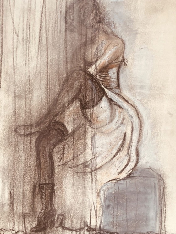 Image 1 of Signed charcoal and white pastel painting, female portrait "fitting"
