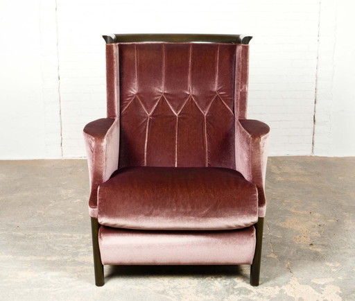 Poltrona lounge in velluto viola di design di metà secolo, disegnata da Umberto Asnago per Giorgetti, Italia, anni '70