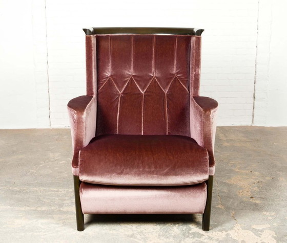 Image 1 of Poltrona lounge in velluto viola di design di metà secolo, disegnata da Umberto Asnago per Giorgetti, Italia, anni '70